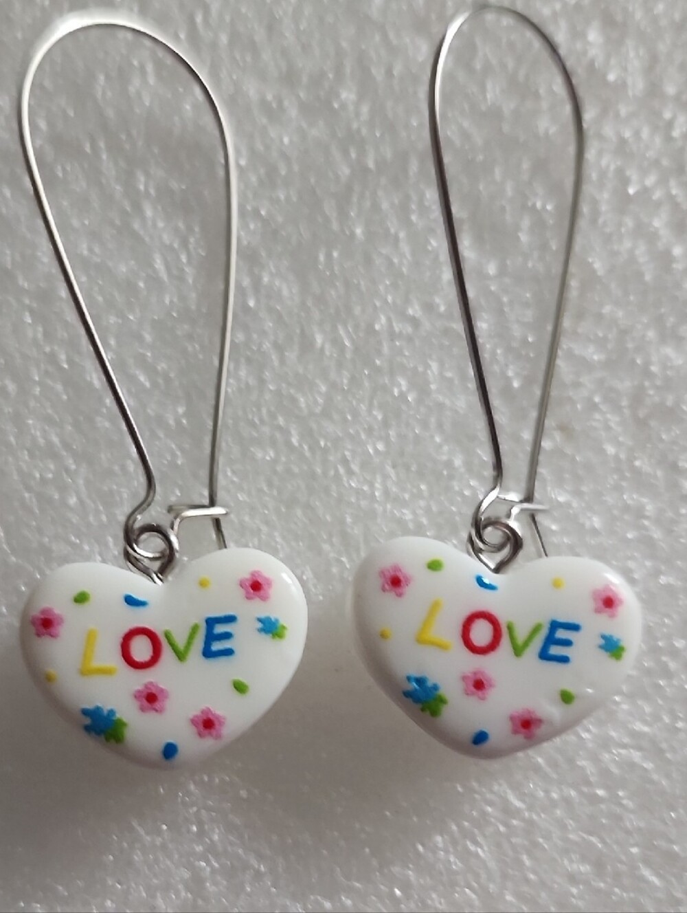 Hand Crafted White Heart 'LOVE' Dangle Earrings with Multicolor Accents